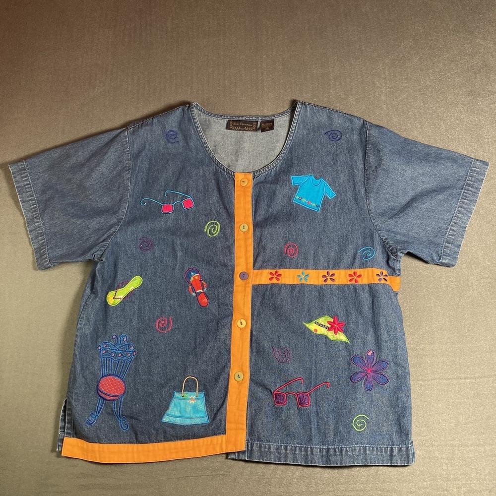VTG Embroidered Denim Shirt Women XL Short Sleeve Summer Theme Embroidered